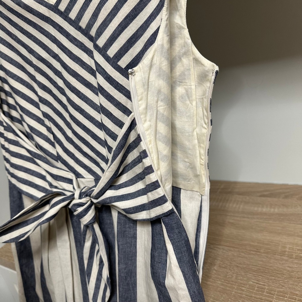 Lafayette 148 Ximena Striped Dress Women M Midi Coastal Linen Tie Pockets Career - Picture 6 of 10